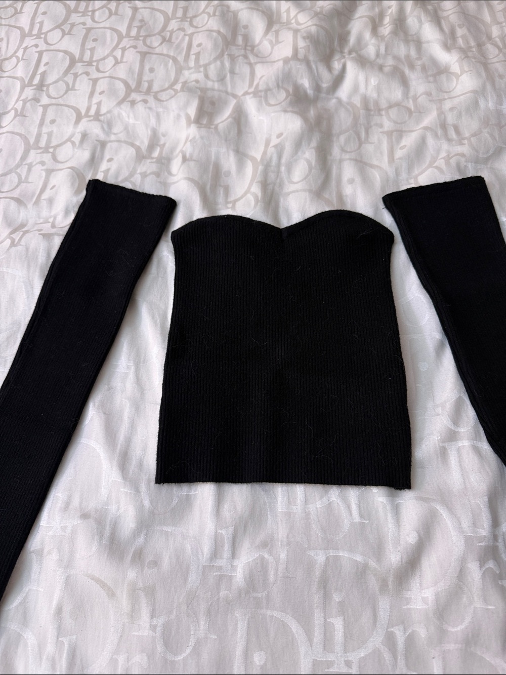 Black Strapless Ribbed Knit Crop Top with Detachable Sleeves